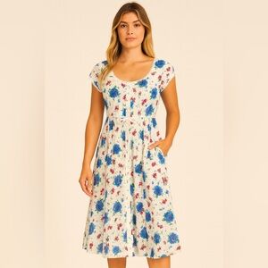 LoveShackFancy, Blue Red Floral Button Midi Dress with Pockets, Size S | 803